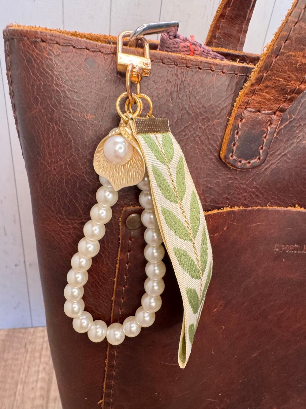 Green Pearl Wristlet Charm Gold Bag Charms Cute Purse Accessories Vines Branches